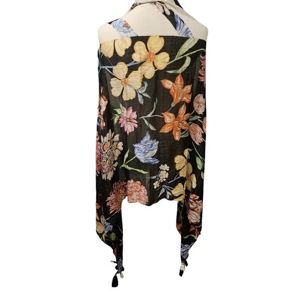 Echo New York Floral Tassel Scarf Wrap Black White Stripes Viscose India 72"x38" - Picture 1 of 6